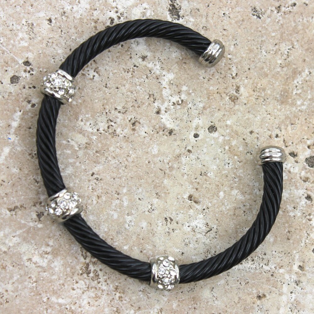 Black Cable Cuff Bracelet with Crystal Accents in Silver